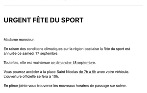 FÊTE DU SPORT ANNULÉE SAMEDI :